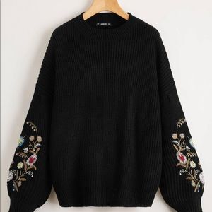 Drop shoulder embroidery floral sweater